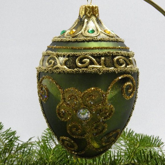 POLISH GALLERY Fabergé Egg 5-In Blown Glass Christmas Tree Ornament Royal GREEN - Picture 2 of 7